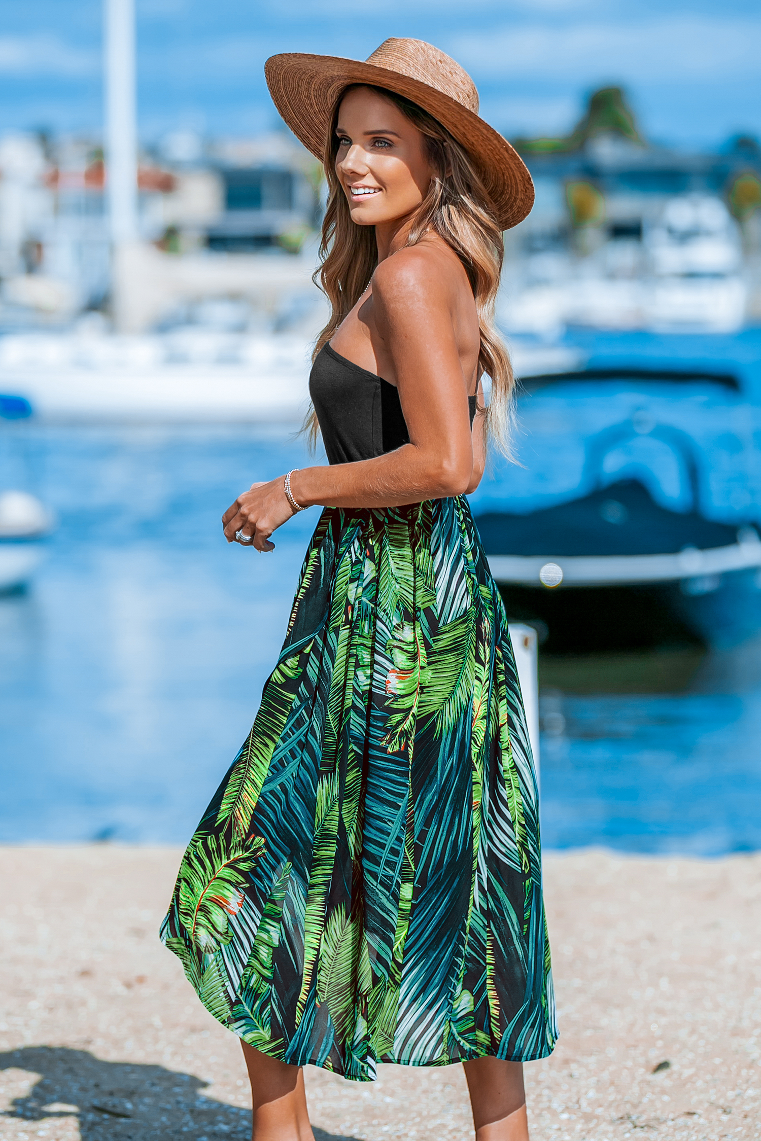 Robe tube midi à feuilles tropicales et bloc de couleur