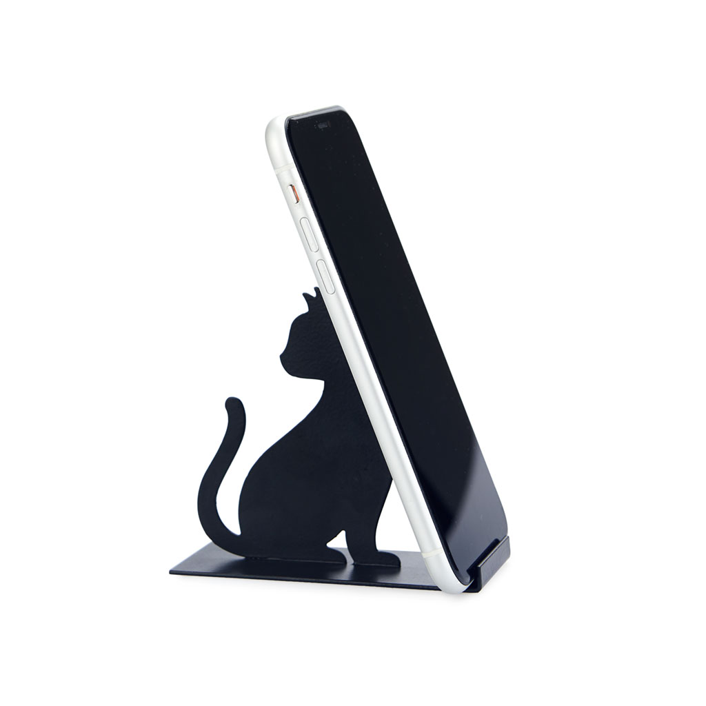 Suporte para smartphone Balvi com estampa de felino, preto, ideal para escritório, mesa, quarto ou sala de estar, em metal.