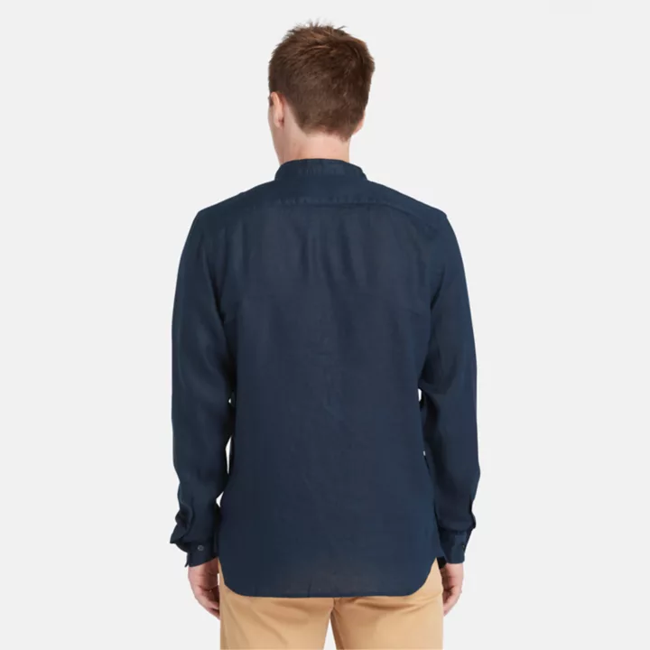 Chemise en lin Mill Brook à col Mao pour homme en bleu marine