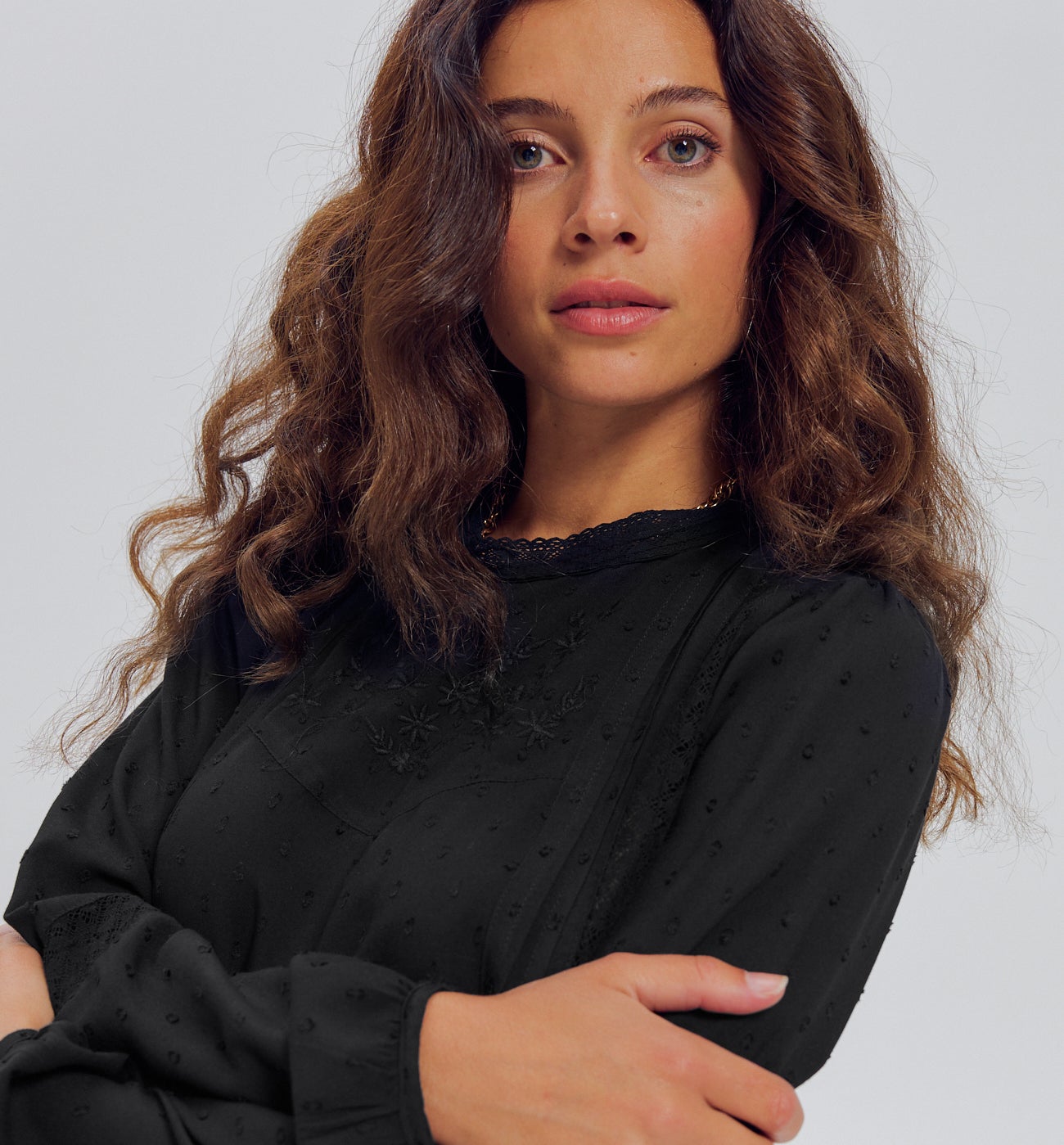 Blouse rétro brodée Femme - Noir