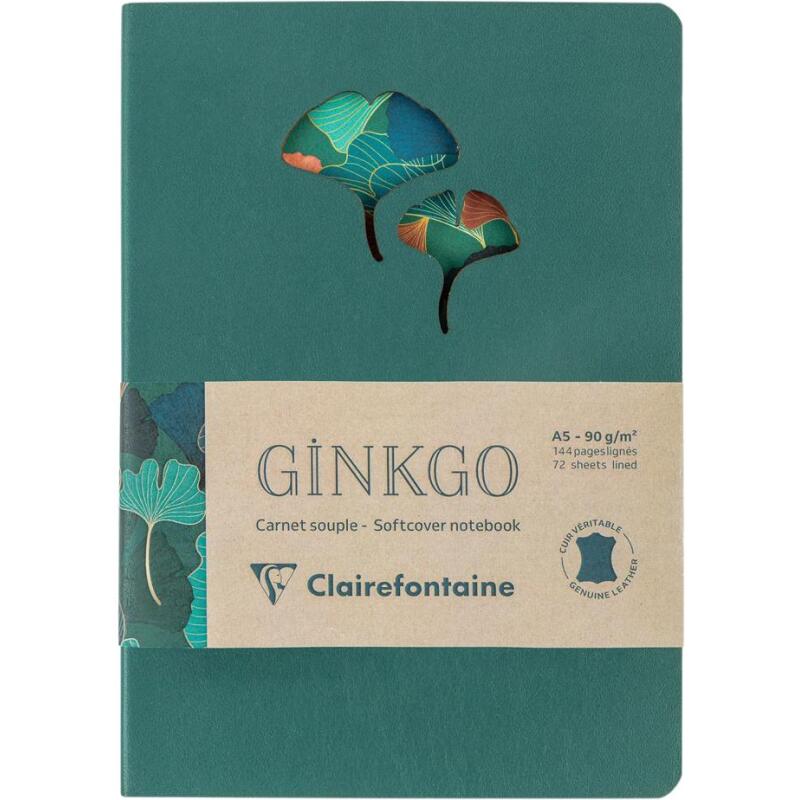 Ginkgo, Carnet broché en cuir A5 14,8x21 cm, 144 pages, ligné, ass.