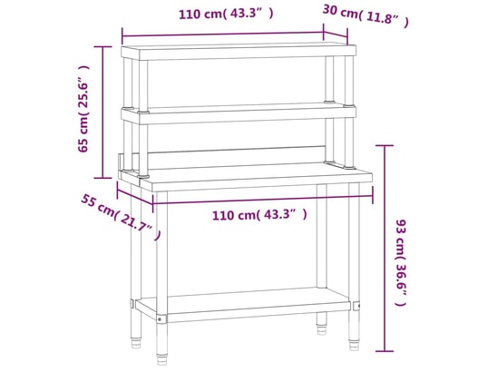 VIDAXL - Mobilier de cuisine Table de travail de cuisine avec étagère 110x55x150 cm inox