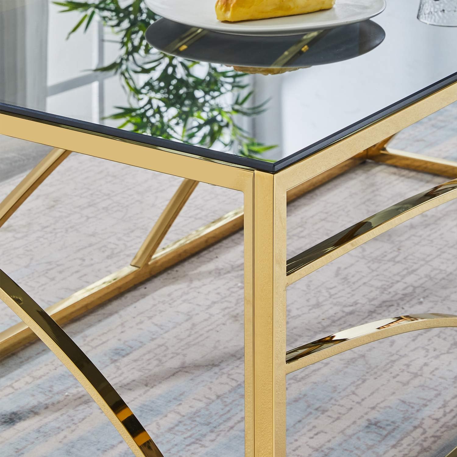Beistelltische Couchtisch Sofatisch für Wohnzimmer, Schlafzimmer Küche Café und Bar, moderner Kaffeetisch mit Edelstahl Gestell und transparentem Hartglas (golden Grauer Glas)