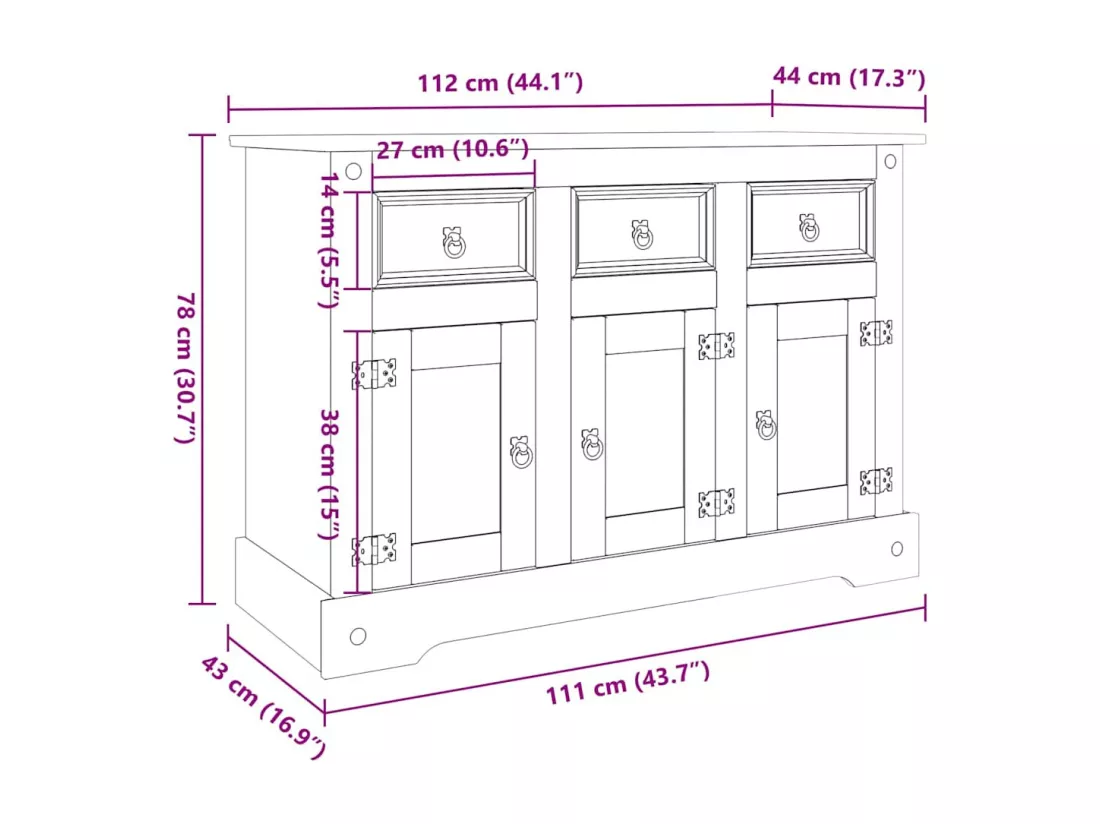 Buffet Corona marron 112x44x78 cm bois massif pin mexicain