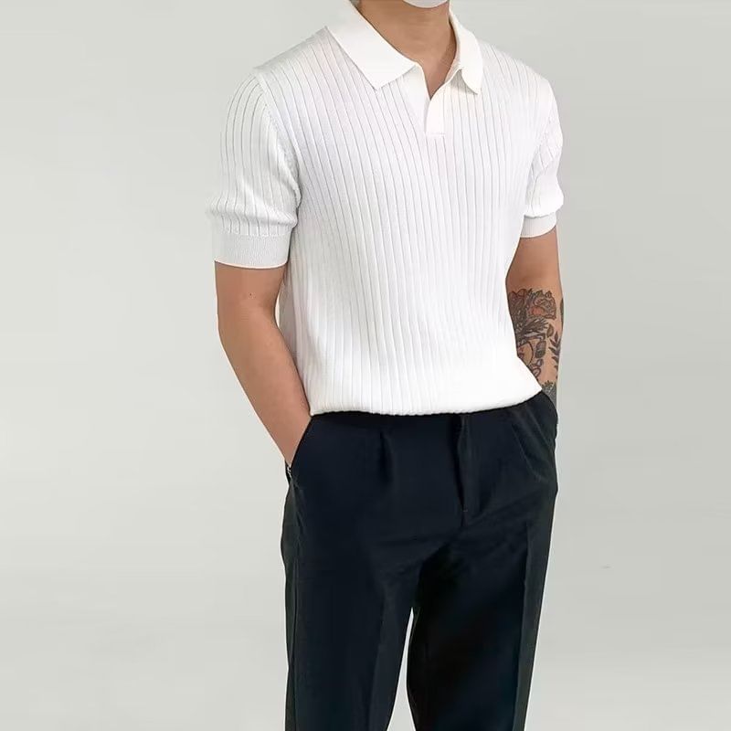 Double White - Poloshirt met korte mouwen en V-hals, effen geribbeld breisel