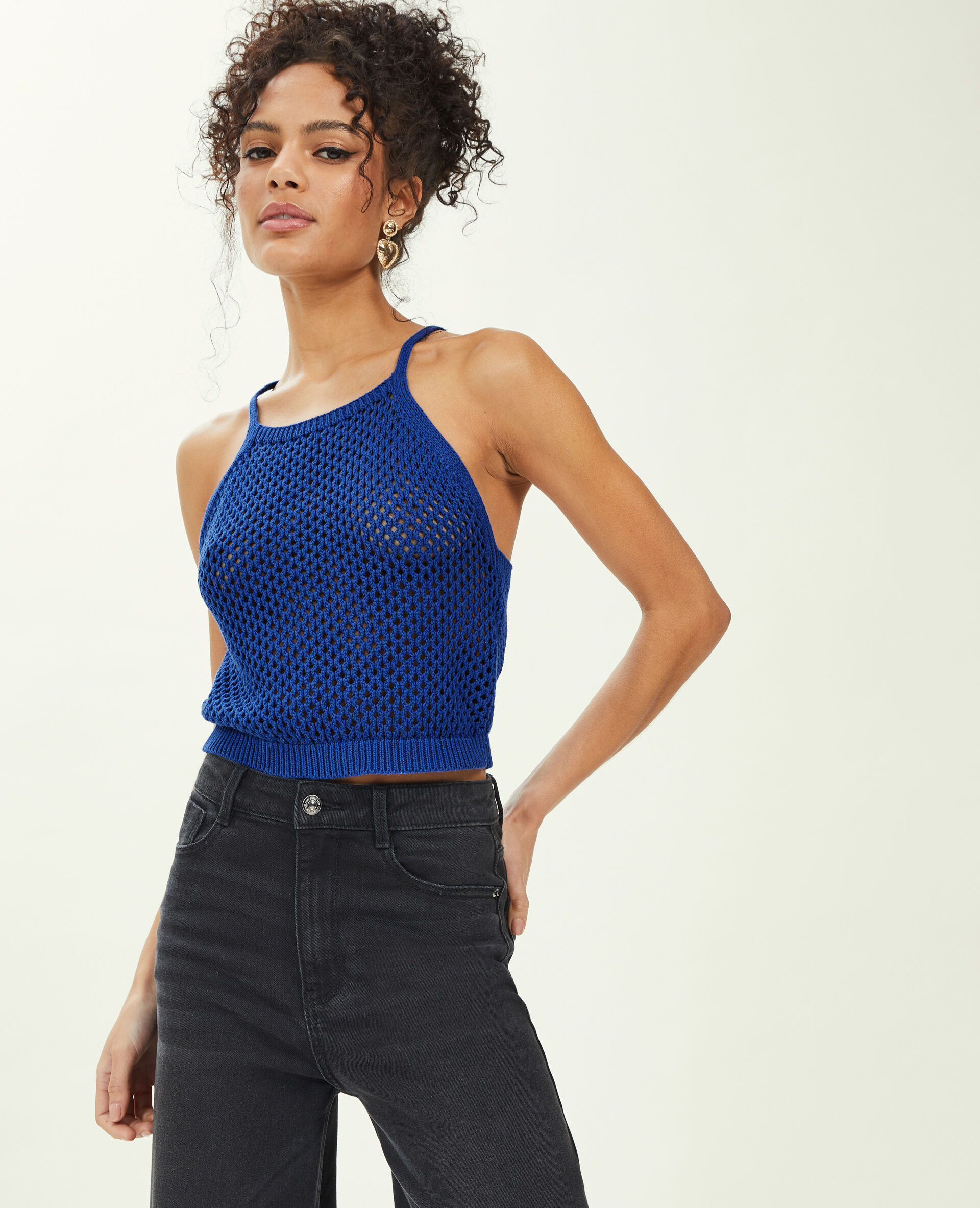 Top en maille ajourée bretelles croisées - Bleu électrique