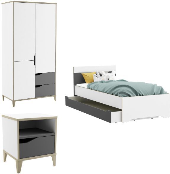 Kinderkamer Gerry - Bed 90x190/200cm - Wit - Met Lade - Kleerkast - Nachtkastje