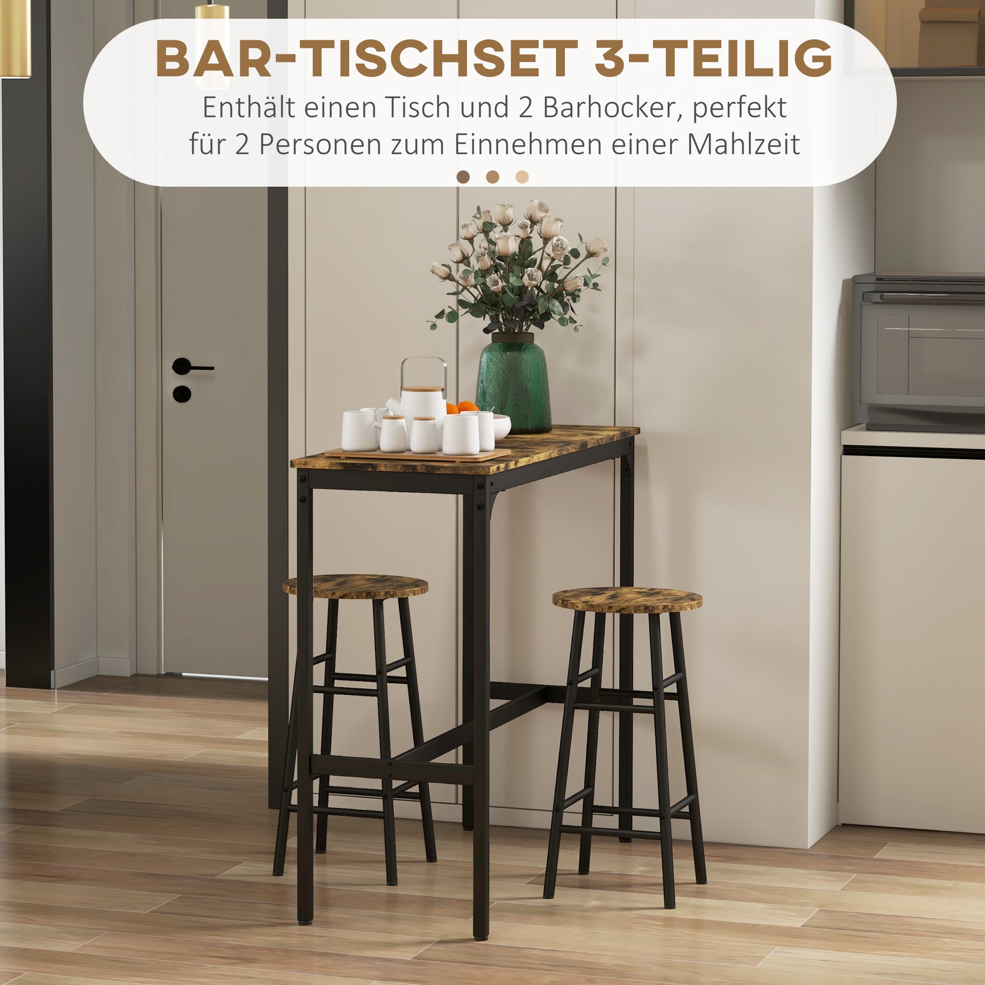 HOMCOM Bartisch-Set mit 2 Hocker braun 105L x 40B x 90H cm