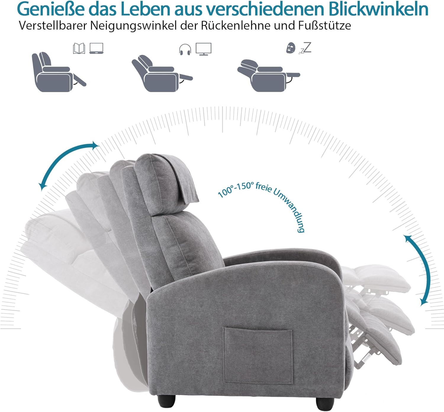 Relaxsessel Ergonomisch Massagefunktion, Einzelsofa Liegefunktion mit Heizung, Lesesessel Fernsehsessel Körper Vibration Sessel, Gesund Loungesessel Polstersessel, 67.5X87X100 cm (Hellgrau)