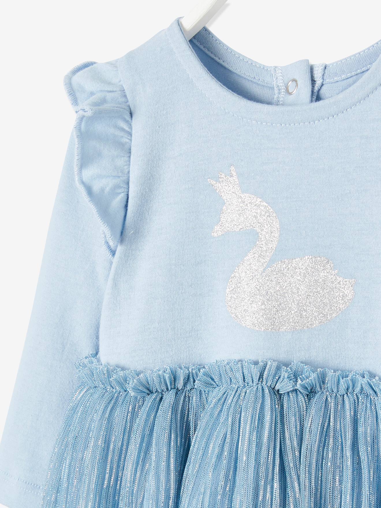 Vestido infantil 2 em 1, azul médio, liso com estampas.