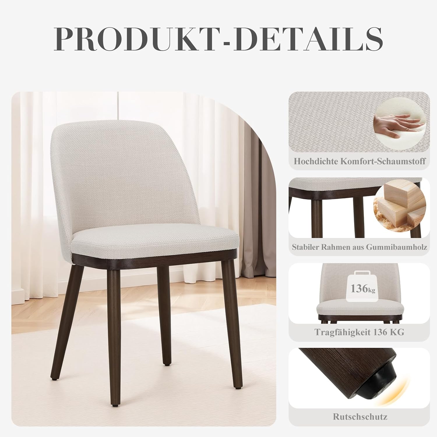 COLAMY Gepolsterte Esszimmerstühle 4er Set, Moderne Küchenstühle mit Rückenlehne, Stoffstuhl mit Holzbeinen für Esszimmer, Küche, Restaurant, Beige