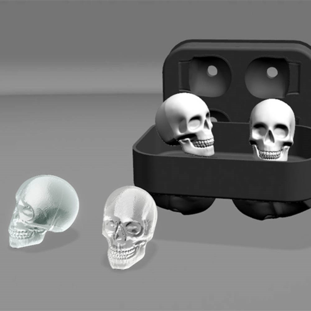 (4-fach) 3D Silikon Eiswürfel Form DIY Ice Cube Tray mit Deckel für Cocktails / Whisky / Softgetränke - Totenkopf