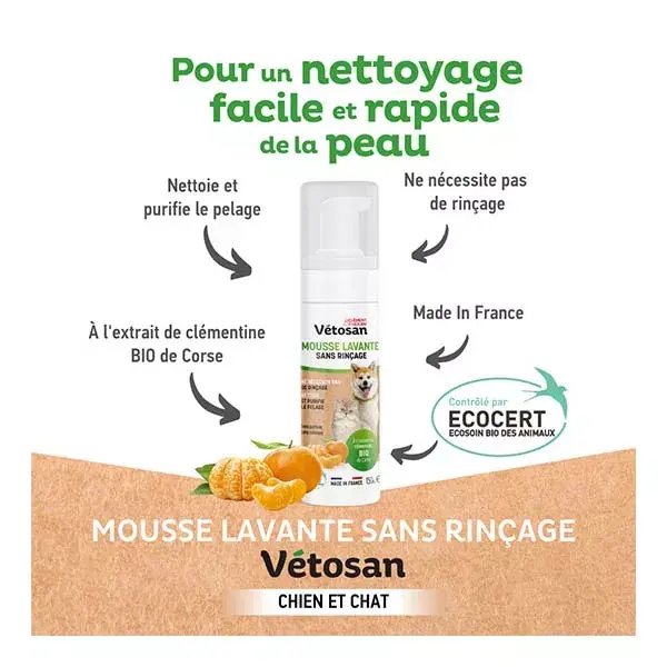 Clément Thékan Vétosan Espuma de Limpeza Sem Enxágue para Cães e Gatos 150 ml