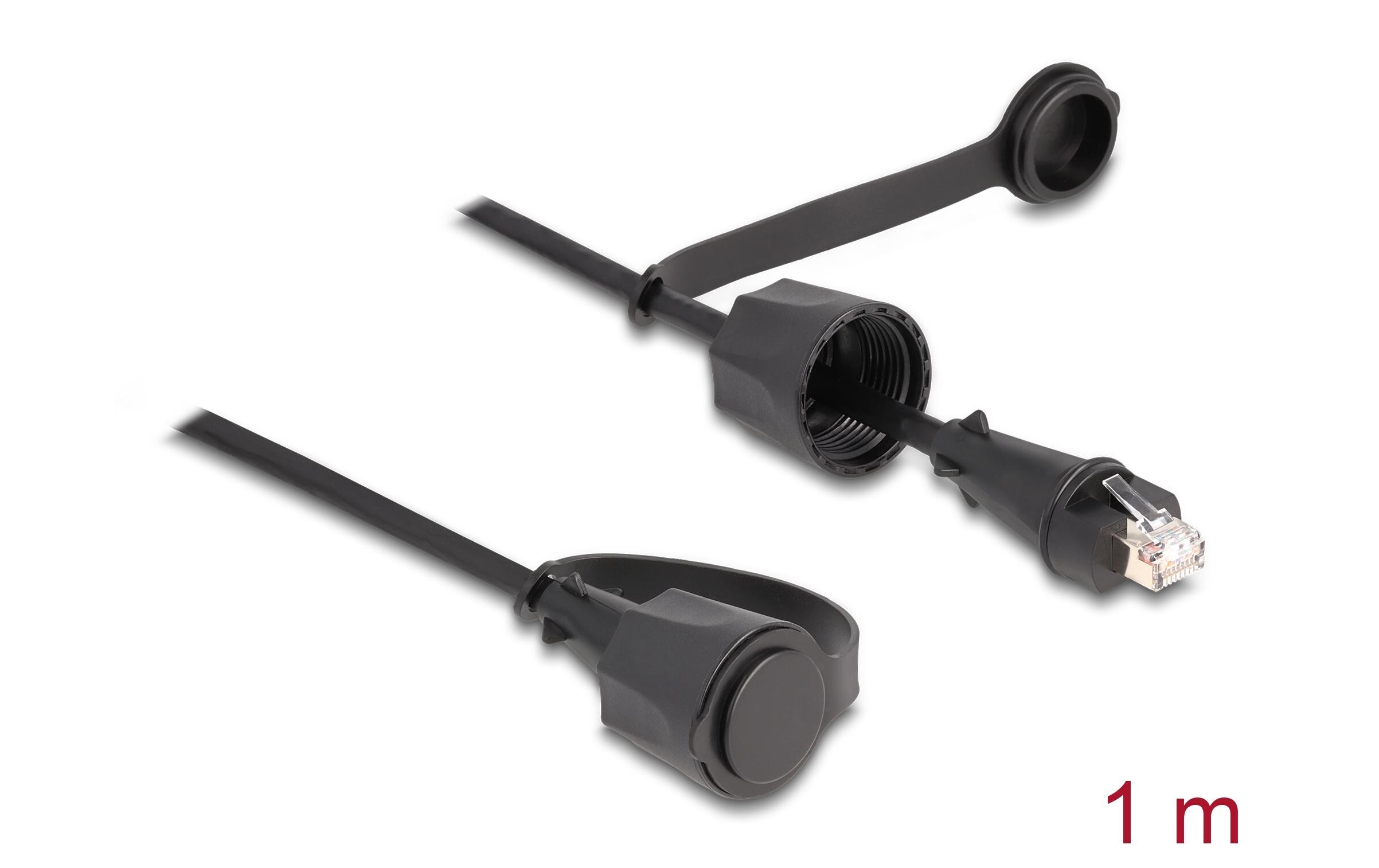 Patchkabel mit Verschlusskappe Cat 6, STP, 1 m, SchwarzDelock Netzwerkkabel RJ45 Stecker zu RJ45 Stecker Cat.6 STP mit Verschlusskappe Outdoor IP68 staub- und wasserdicht schwarz 1 m