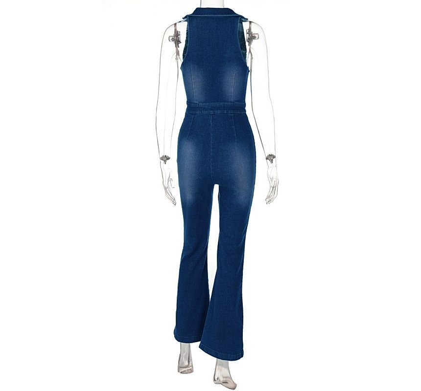 Sheparon - Mouwloze denim jumpsuit met wijde pijpen