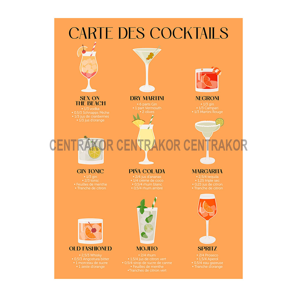 Affiche déco carte des cocktails 30x40cm