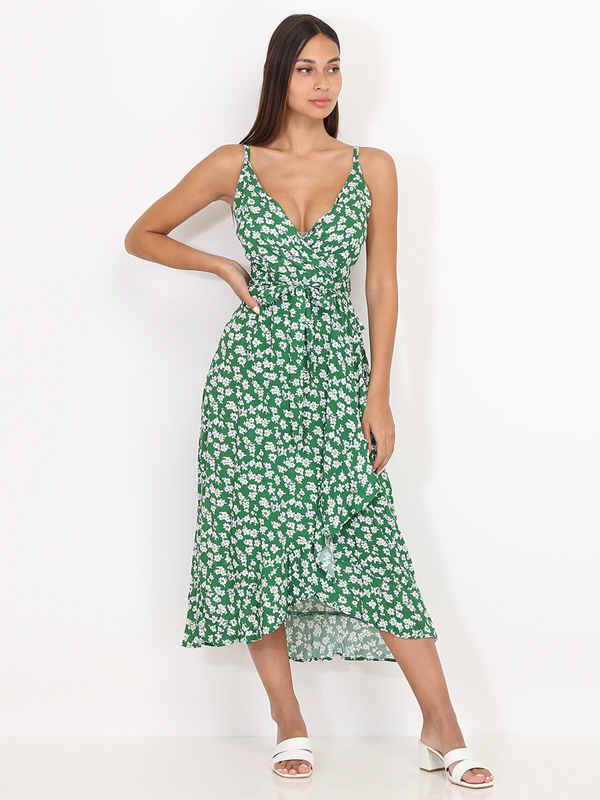 Robe mi-longue à volants et petites fleurs- Vert