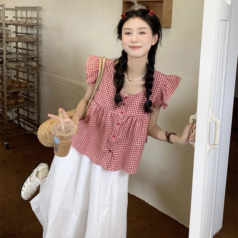 Yako - Blouse met korte mouwen en ruitmotief en ruches