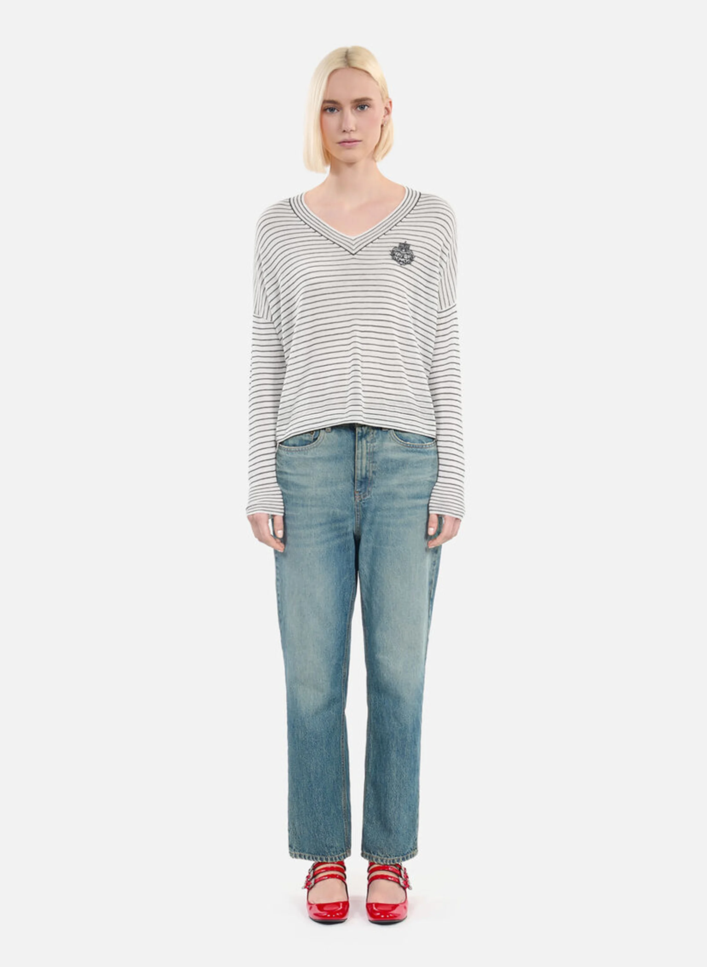 Pull ample rayé en laine et cachemire | Blanc
