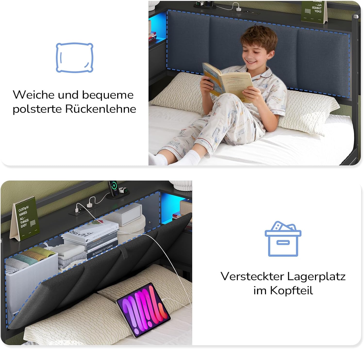 Schlafsofa mit LED-Beleuchtung und Ladestation(2 AC-Steckdosen + 2 USB-Anschlüsse) Jugendbett 90x200 cm mit 6 Schubladen, Tagesbett 90x200 cm, Gepolsterte Rückenlehne mit verstecktem Stauraum
