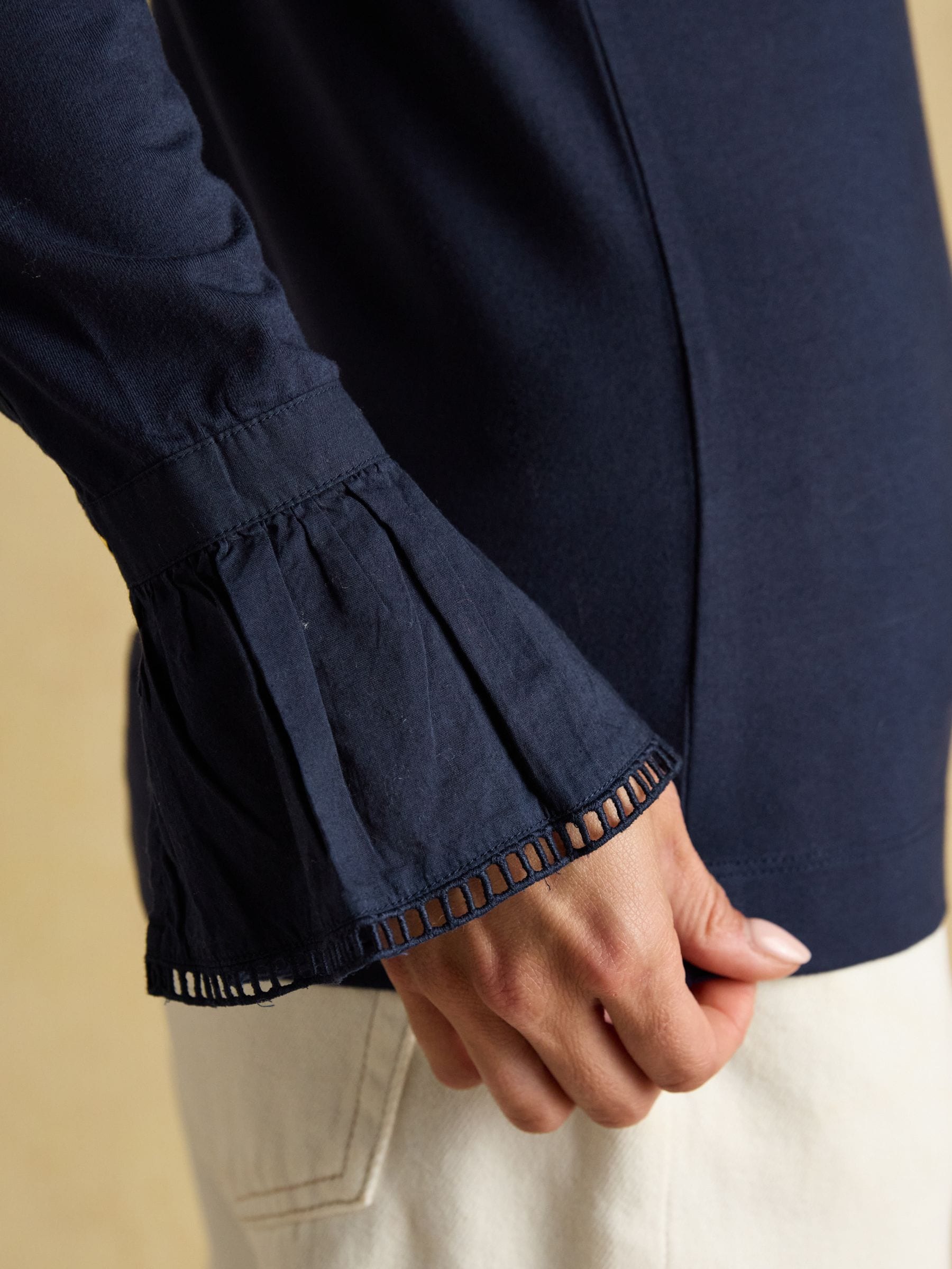 Marineblauw - Joules Kate Lange Mouw Top met Ruches aan de Hals