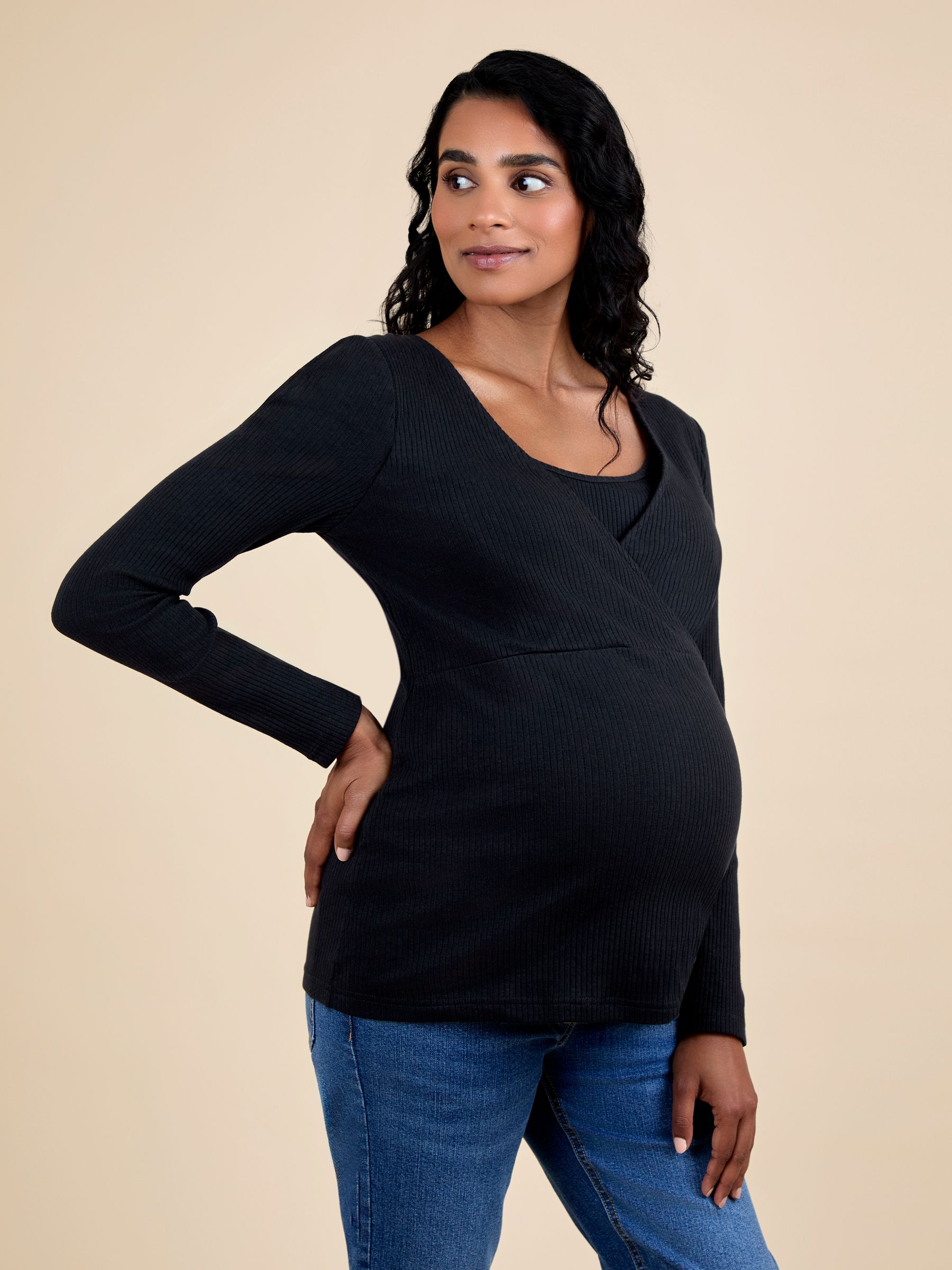 Zwart - JoJo Maman Bébé Wrap Maternity & Nursing Long Sleeve Ribbed Top
