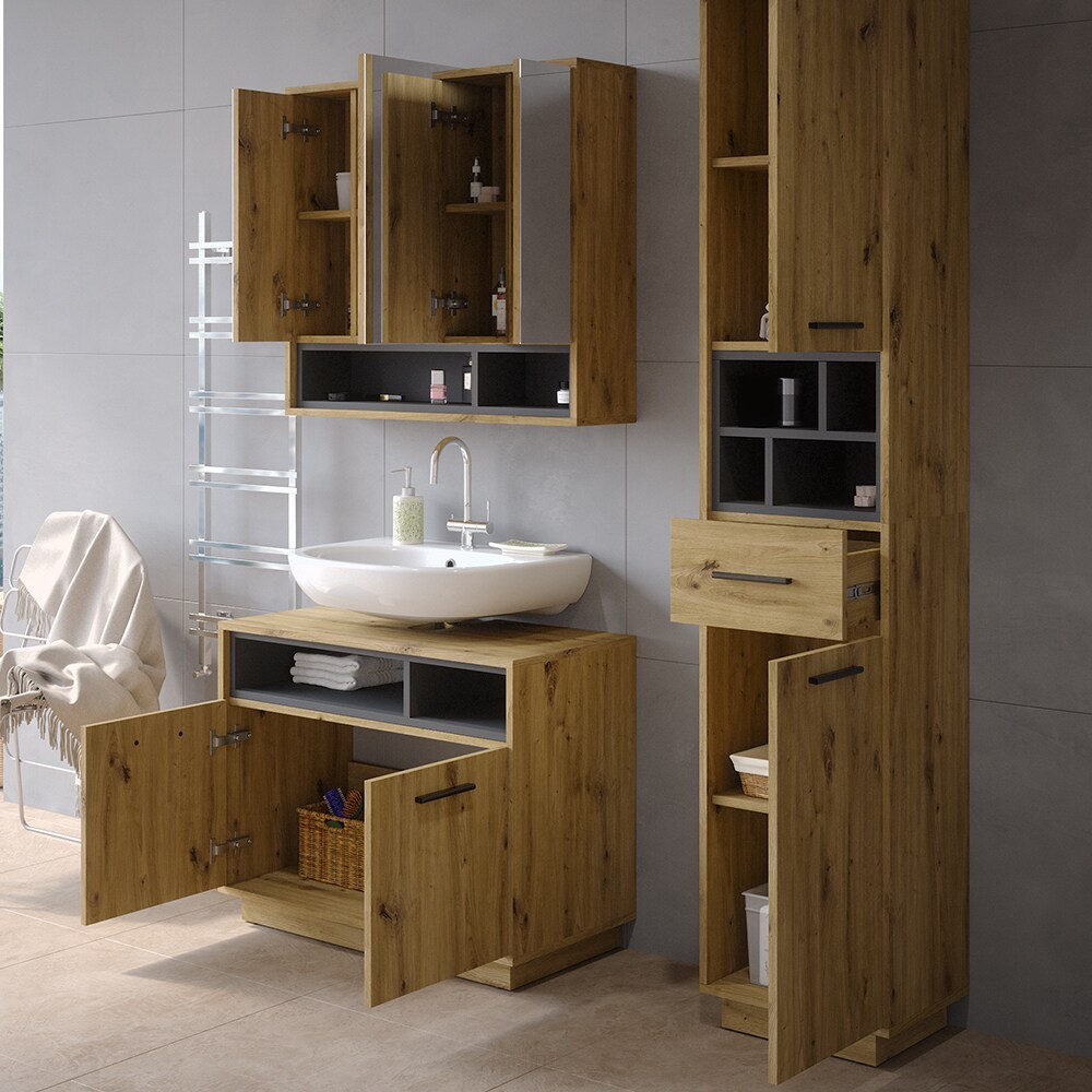 Vicco Badmöbel-Set Badezimmer-Möbel Bad-Schrank Beatrice Eiche Anthrazit modern Badezimmerschrank Waschtischunterschrank Spiegelschrank Hochschrank Schranktür Schrankfach