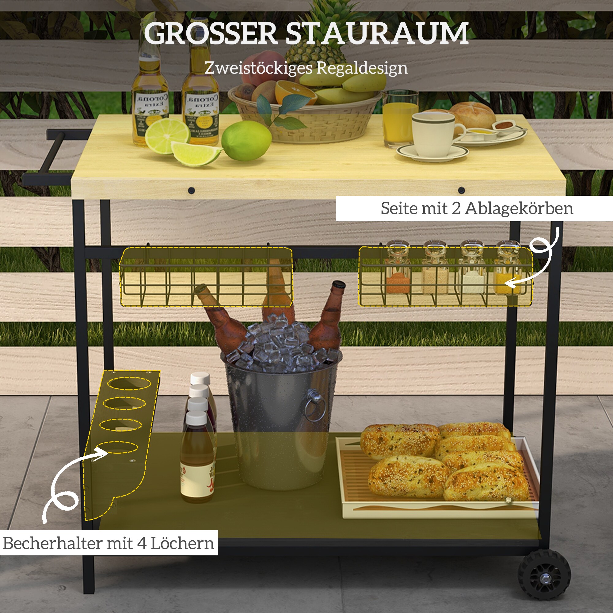 Outsunny Servierwagen mit 2 Ebenen natur 97,5L x 65B x 81H cm