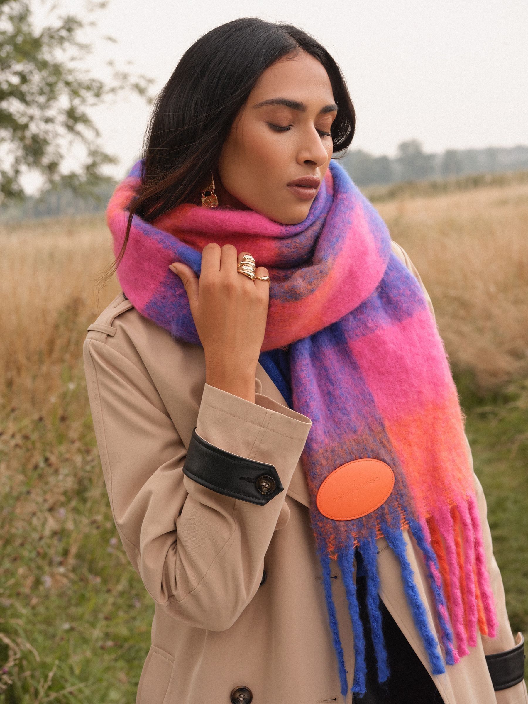 Blauw en oranje geruit - Love & Roses - Geborstelde sjaal