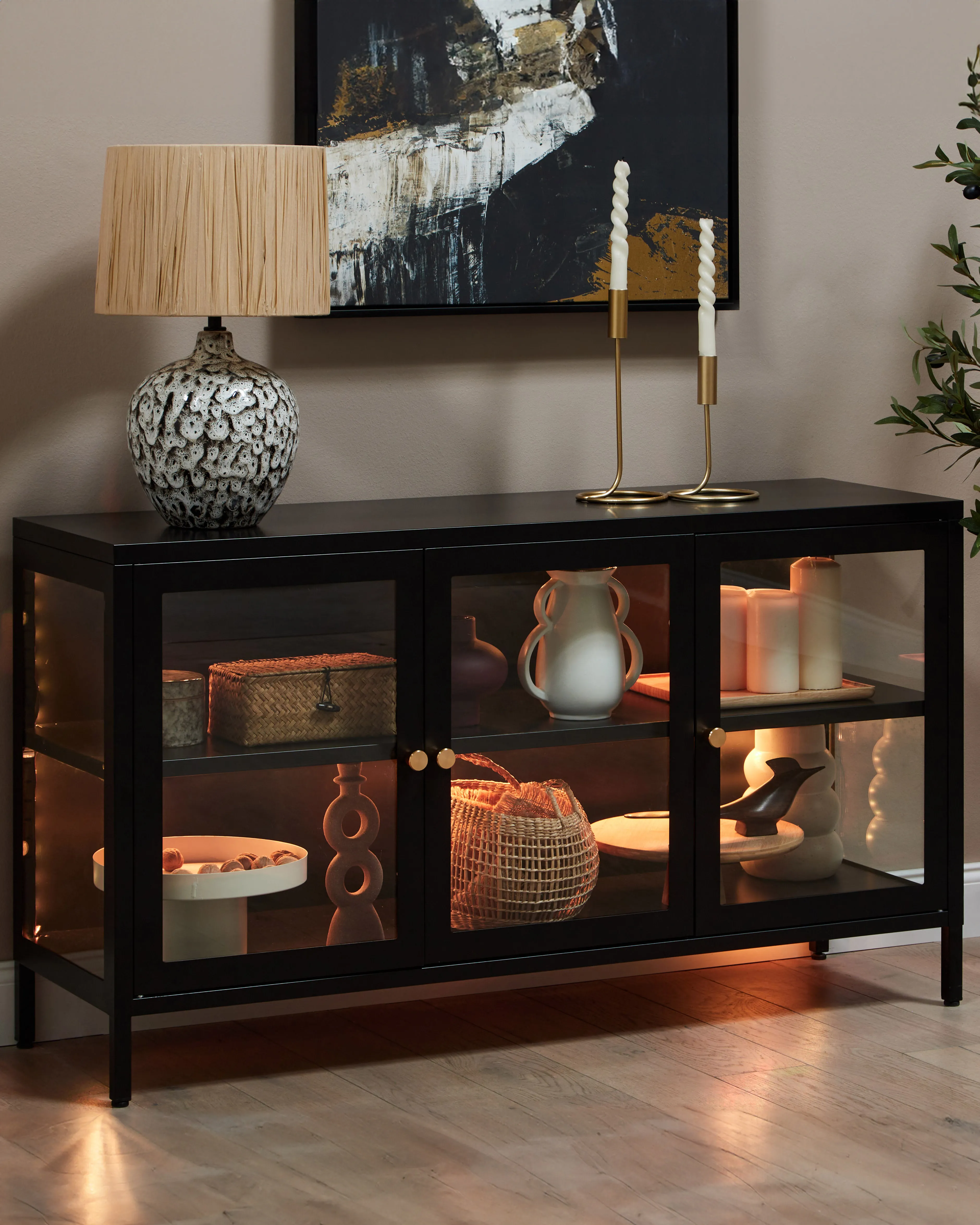 Dressoir met glazen deuren LED NEWPORT Metaal 115 cm Zwart
