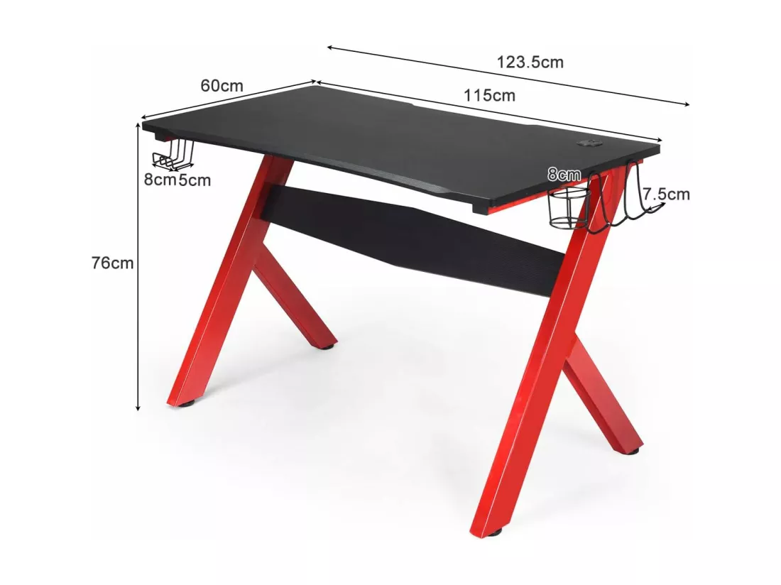 Bureau Gamer 60 x 115 cm, Tapis de Souris, Support pour Ecouteurs et Support pour Tasse, Porte-Gobelet, Surface en Fibre de Carbone et Cadre en Acier, Table de Gaming pour E-Sport, Noir+Rouge