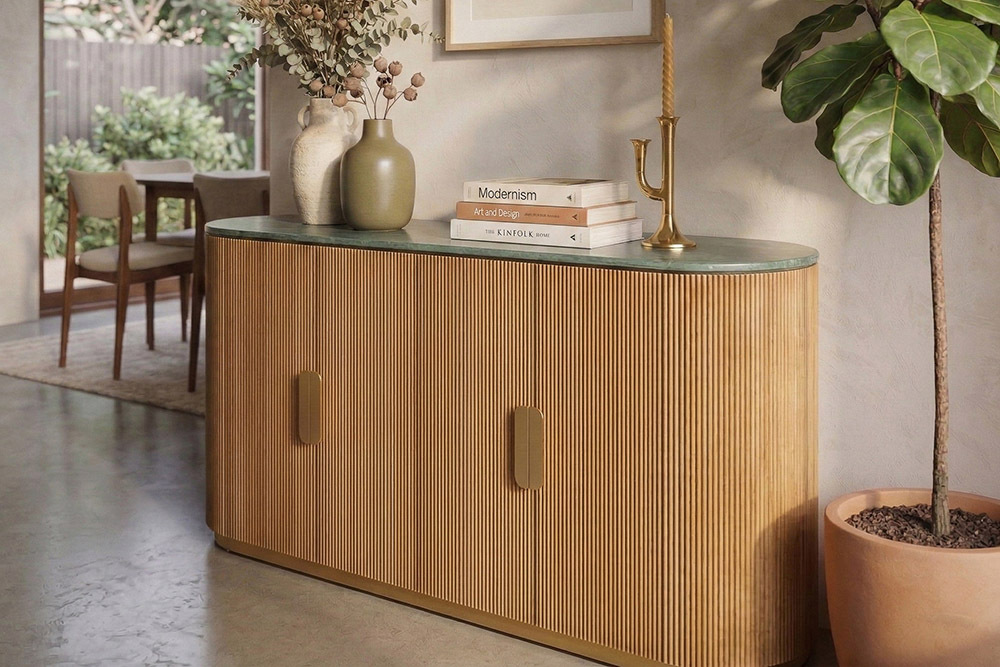 Design Sideboard VENEZIANO 170cm braun Mangoholz grün Marmor gold