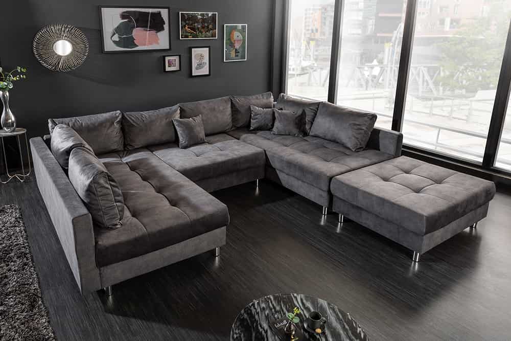 Moderne XXL Wohnlandschaft KENT 305cm grau Samt Bigsofa inkl. Hocker Federkern