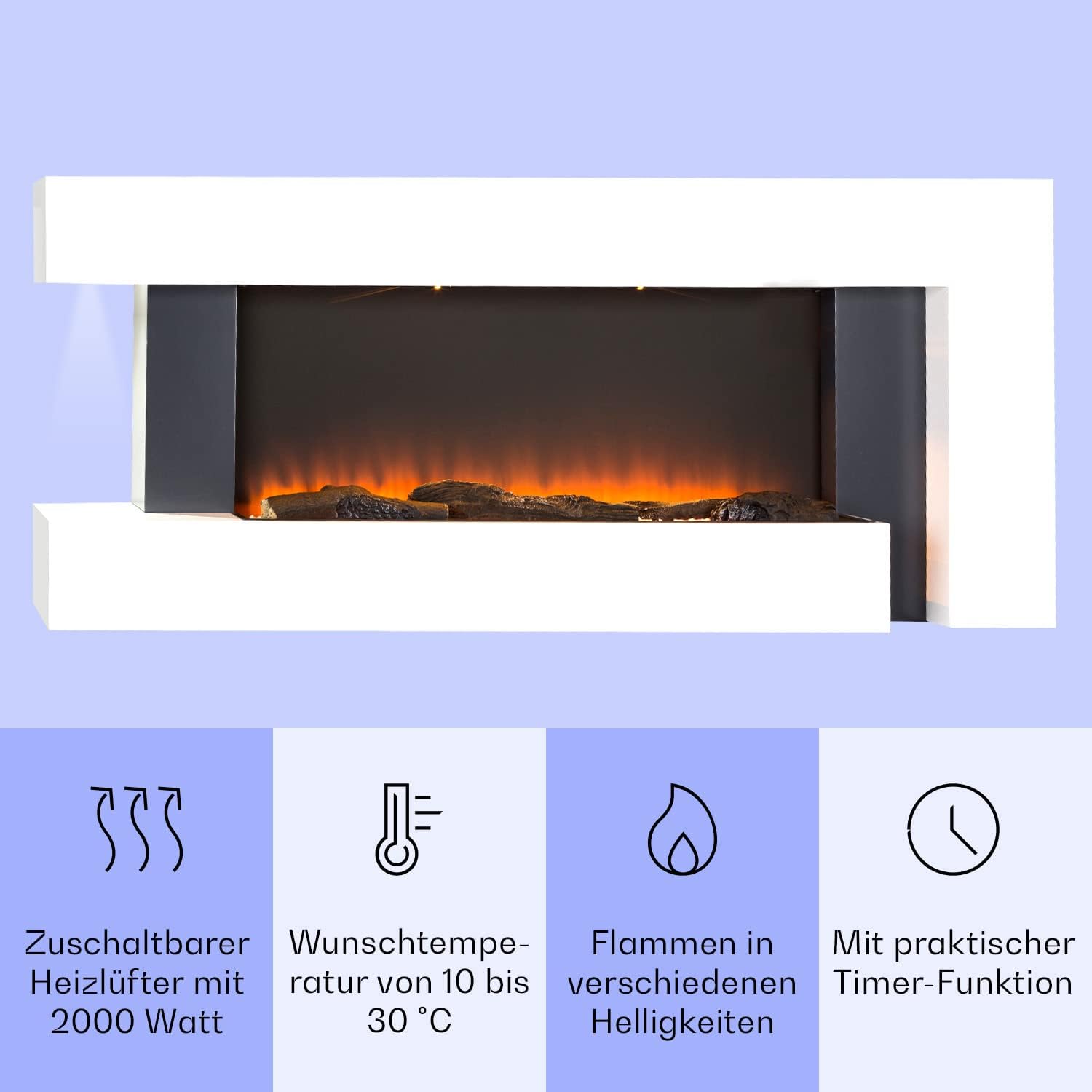 Klarstein Studio Light & Fire 2 - Elektrokamin mit LED-Flammenillusion, Elektro Kamin mit Timer-Funktion und Thermostat, 1000/2000W, MDF-Gehäuse, inkl. Fernbedienung, Ambient Down Light, weiß