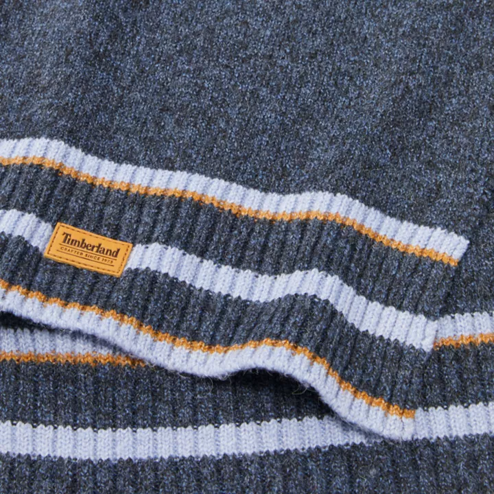 Cachecol masculino com listras multicoloridas na cor azul.
