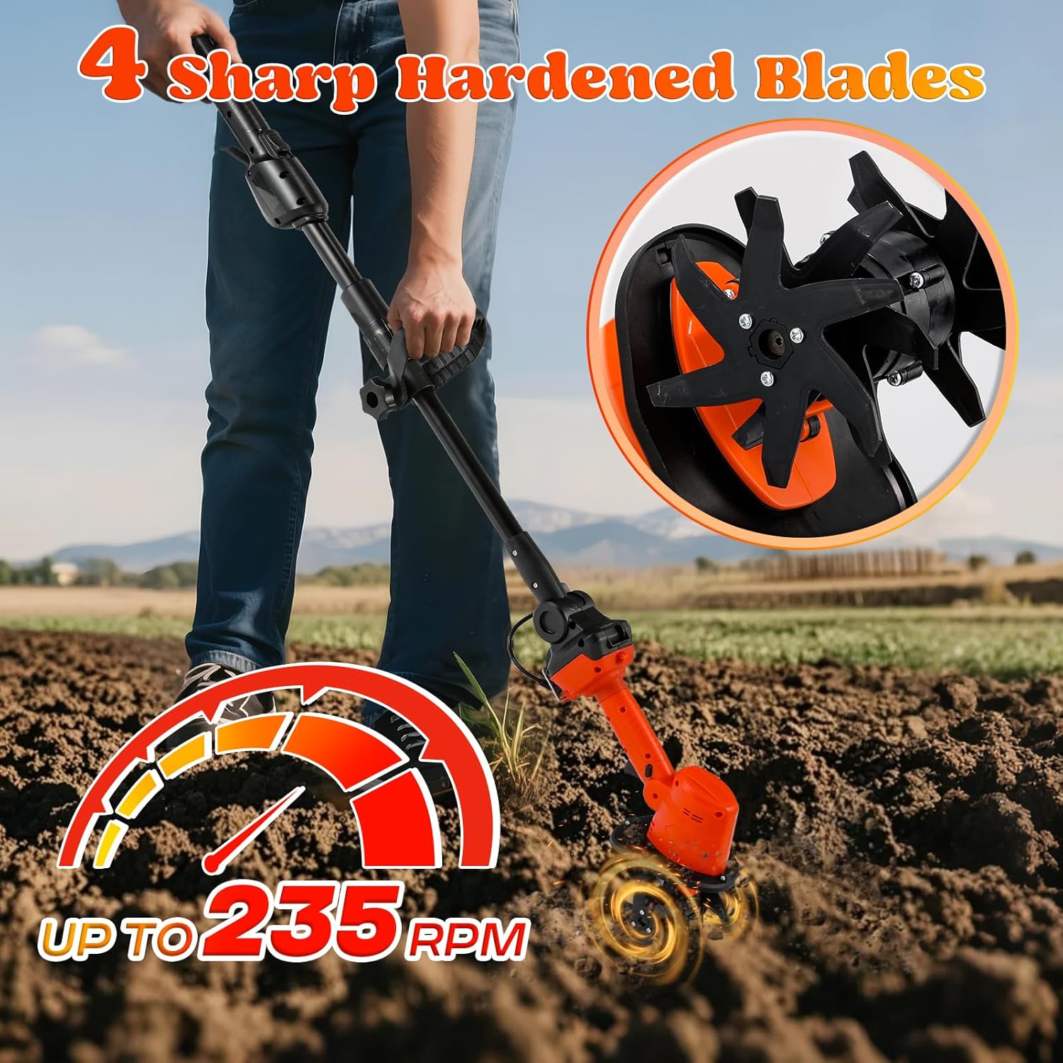 Moongiantgo 2-in-1 Akku-Motorhacke & Kultivator, Handheld/Stangenmontage mit 4 gehärteten Stahlmessern, 21V Dual-Akku für Bodenlockerung, Jäten & Furchen, 10cm Tiefe/Breite, 2×1500mAh
