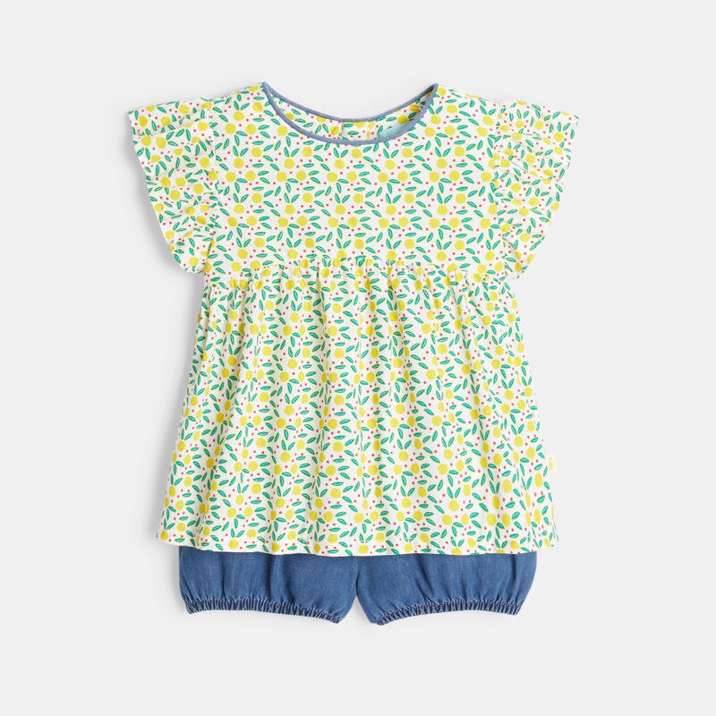 Blouse imprimée et bloomer denim jaune bébé fille Jaune