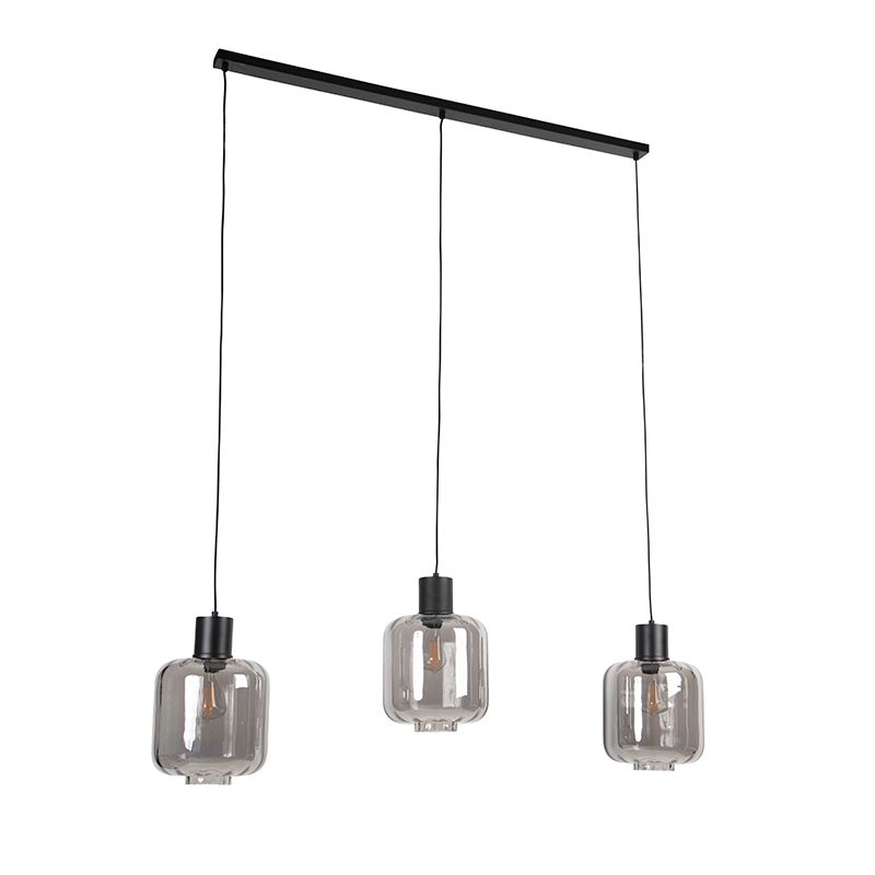 Design hanglamp zwart met smoke glas 3-lichts 161,5 cm - Qara