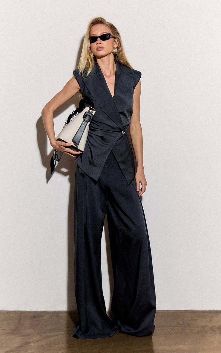 Bleu Marine Ensemble Coordonné Blazer Sans Manches Froncé