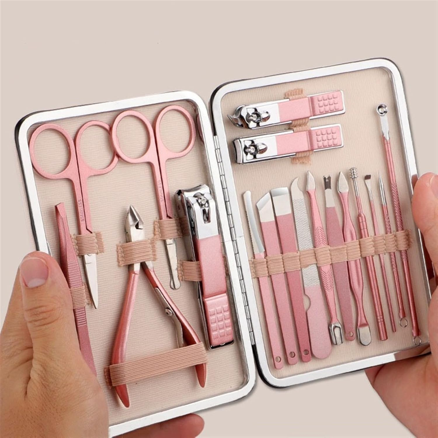 (19-tlg. Set) Pediküre Maniküre Finger Fuss Nagel Pflege-Set inkl. Reise Etui - Roségold