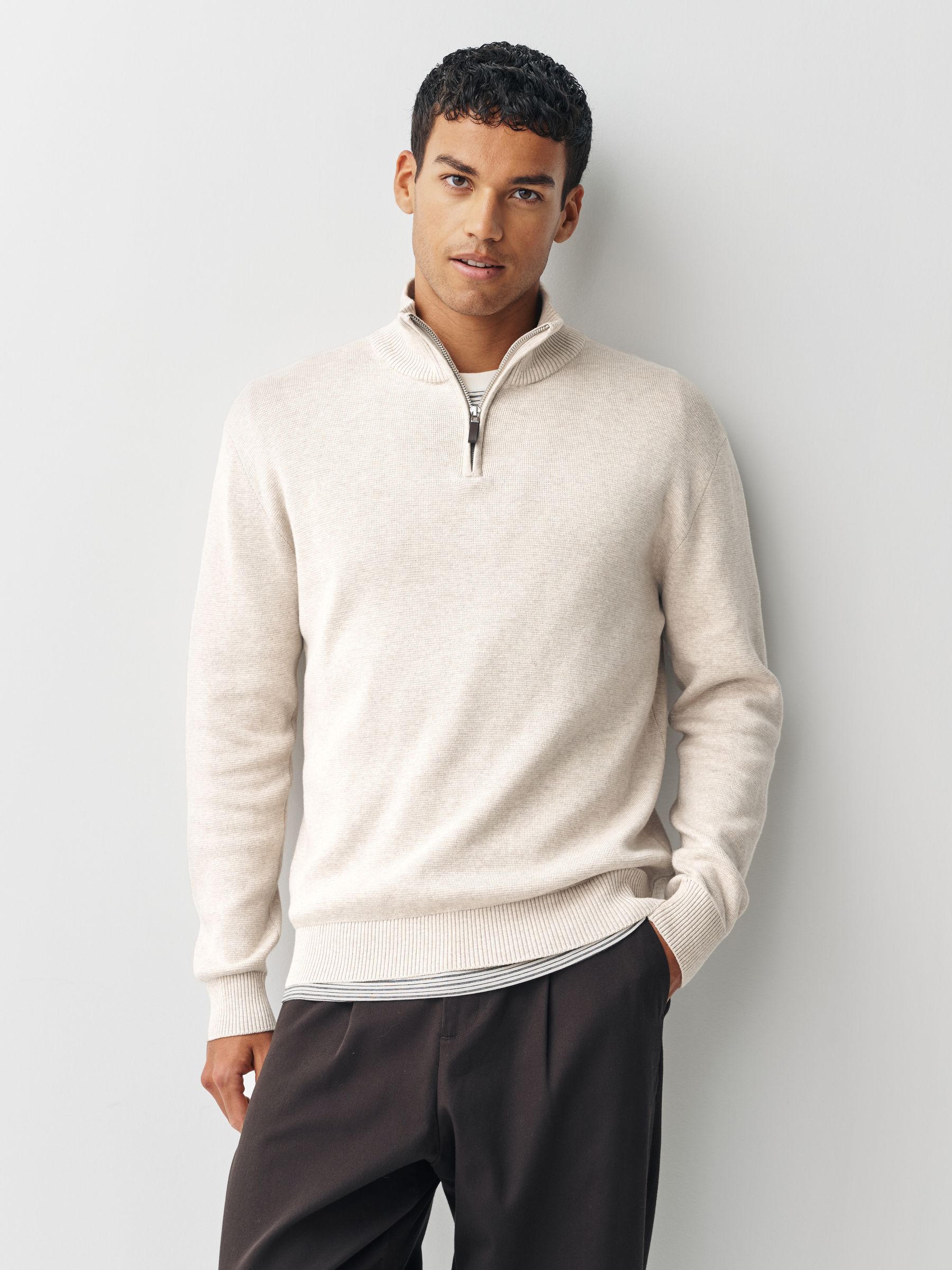 Marineblauw/beigebruin - Regular Fit Premium Kwart Rits Truien 2 Pakket