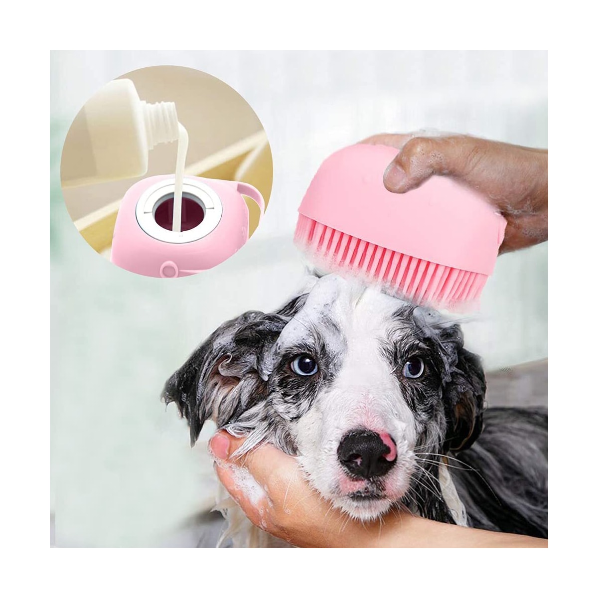 Badebørste til hund, rosa - med sjampodispenser