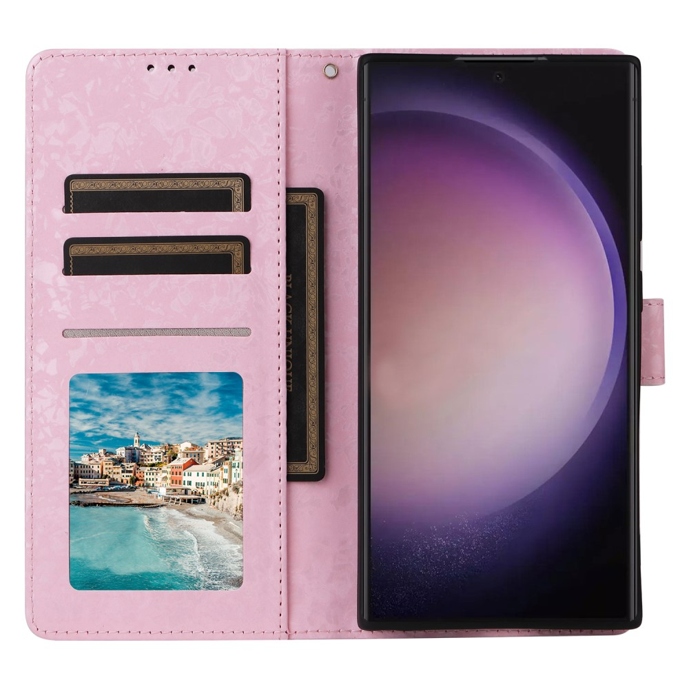 Samsung Galaxy S24 Ultra Leder Tasche mit Kartenfächer - Glitzer Blumenranken