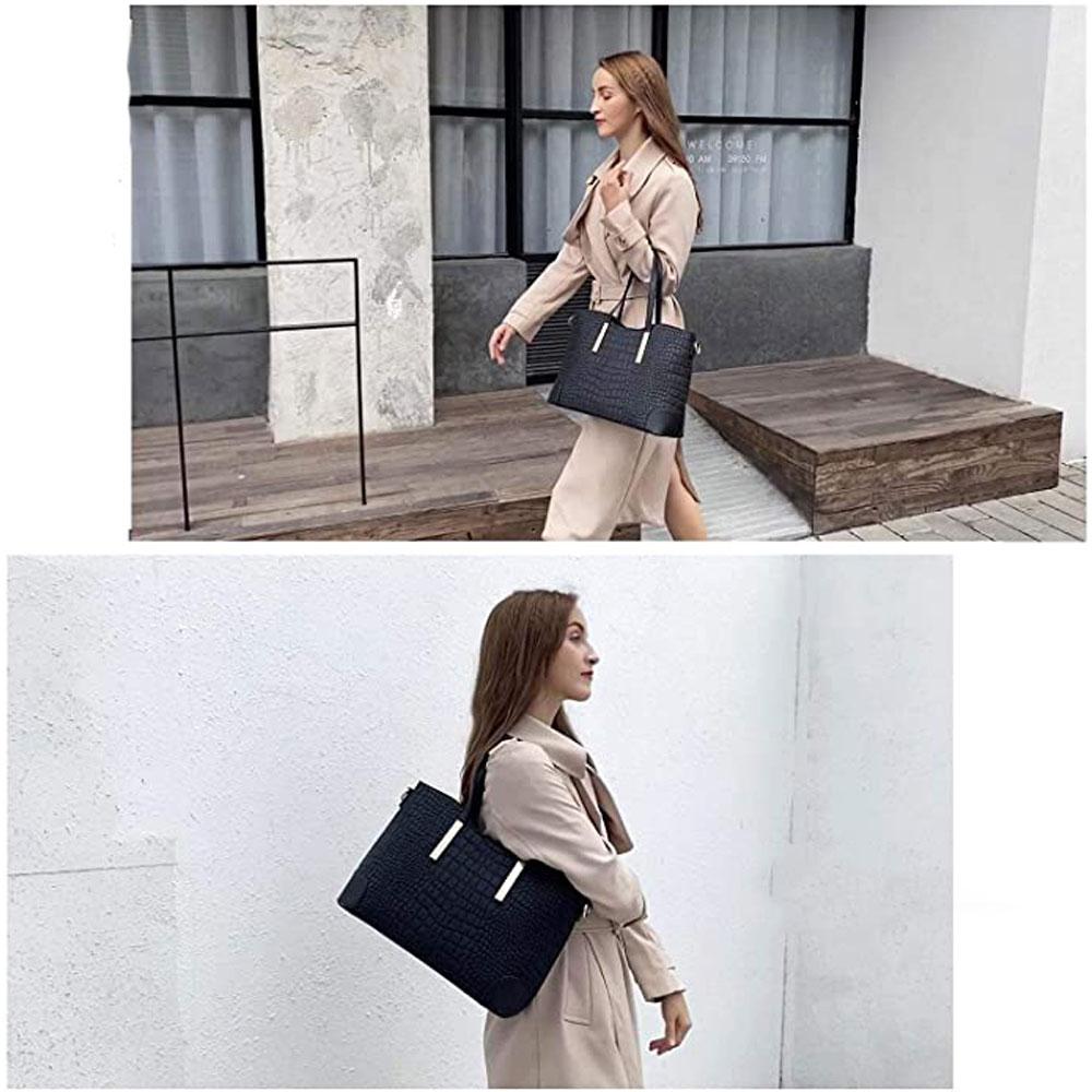 (2-tlg.) Damen Leder Handtasche Fashion Umhängetasche Croco Look - Schwarz