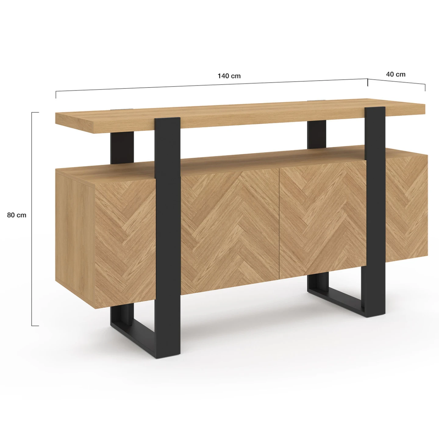 Buffet 140 cm CASSIUS 4 portes effet chevrons et noir