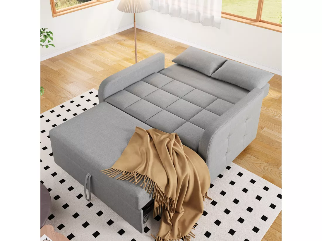 Canapé convertible 2 places, Canapé-lit pliant en tissu lin - 127 x 75 x 94 cm - avec fonction sommeil - Gris