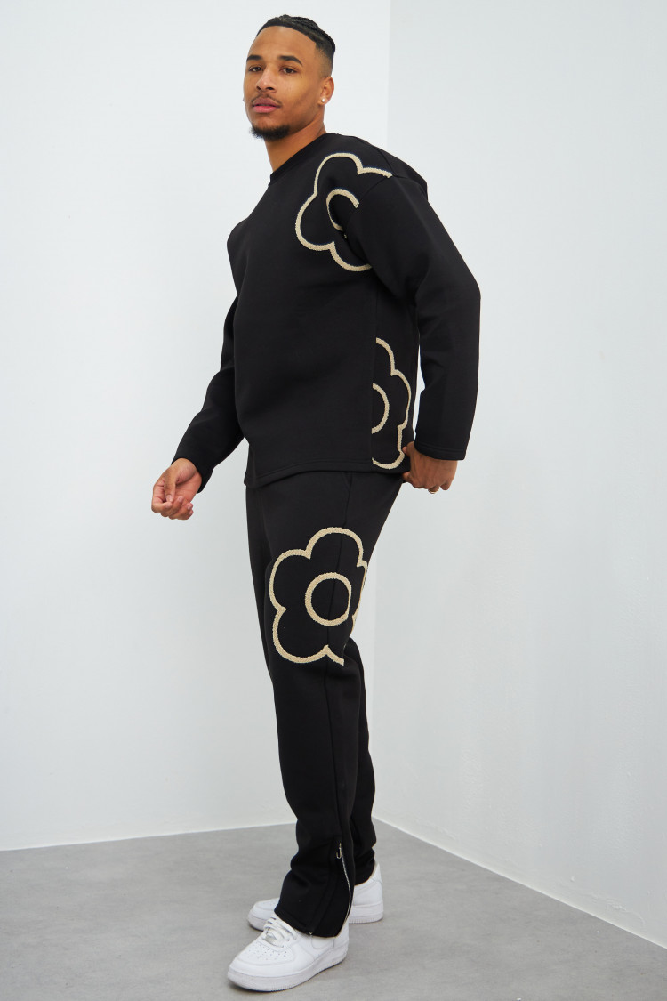 Ensemble 2 pièces sweat + jogging noir et beige à fleurs