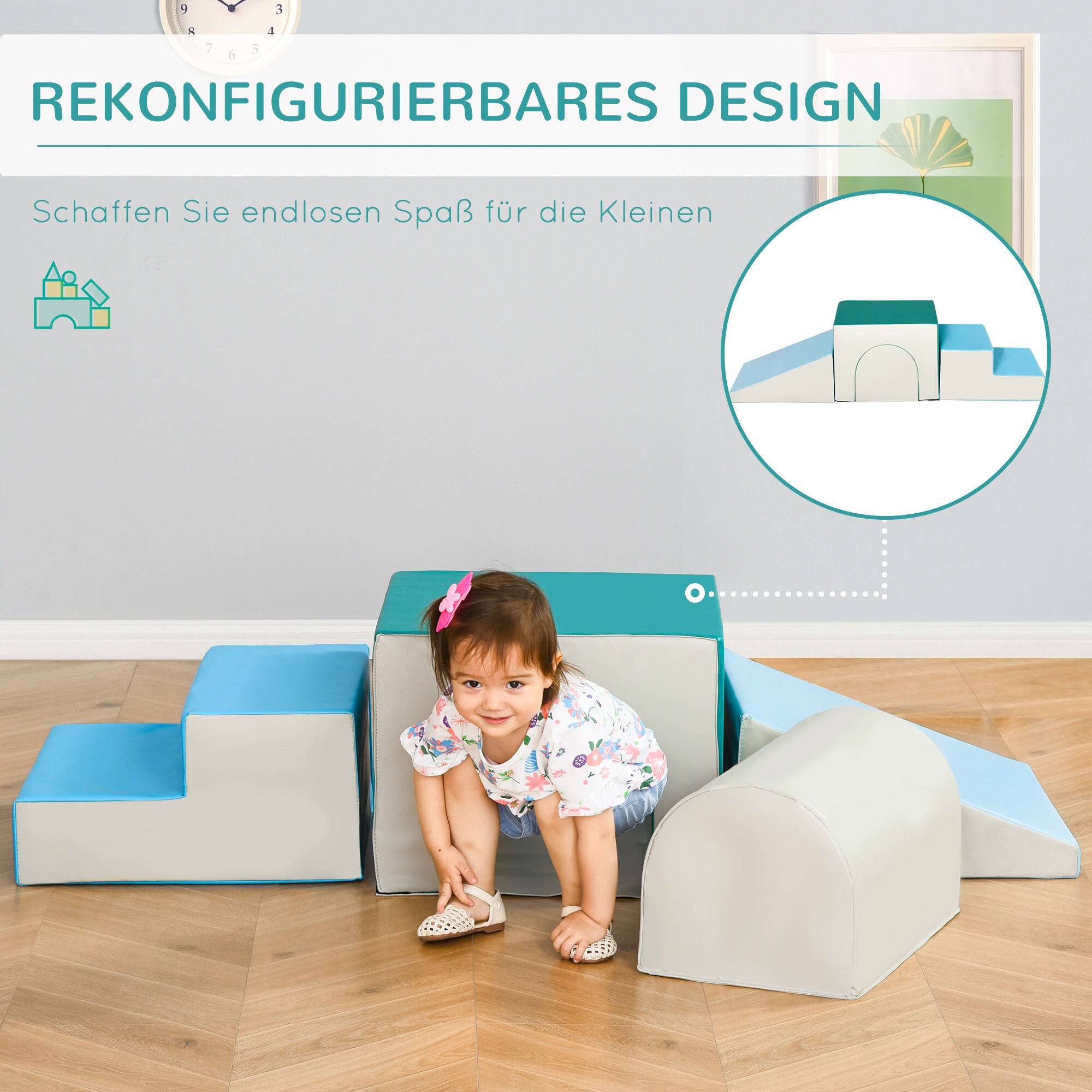 HOMCOM Bausteine 4er-Set Bausteine Schaumstoffblöcke, einfache Reinigung Hellgrau,Blau.Grün 150 x 50 x 39 cm (LxBxH)