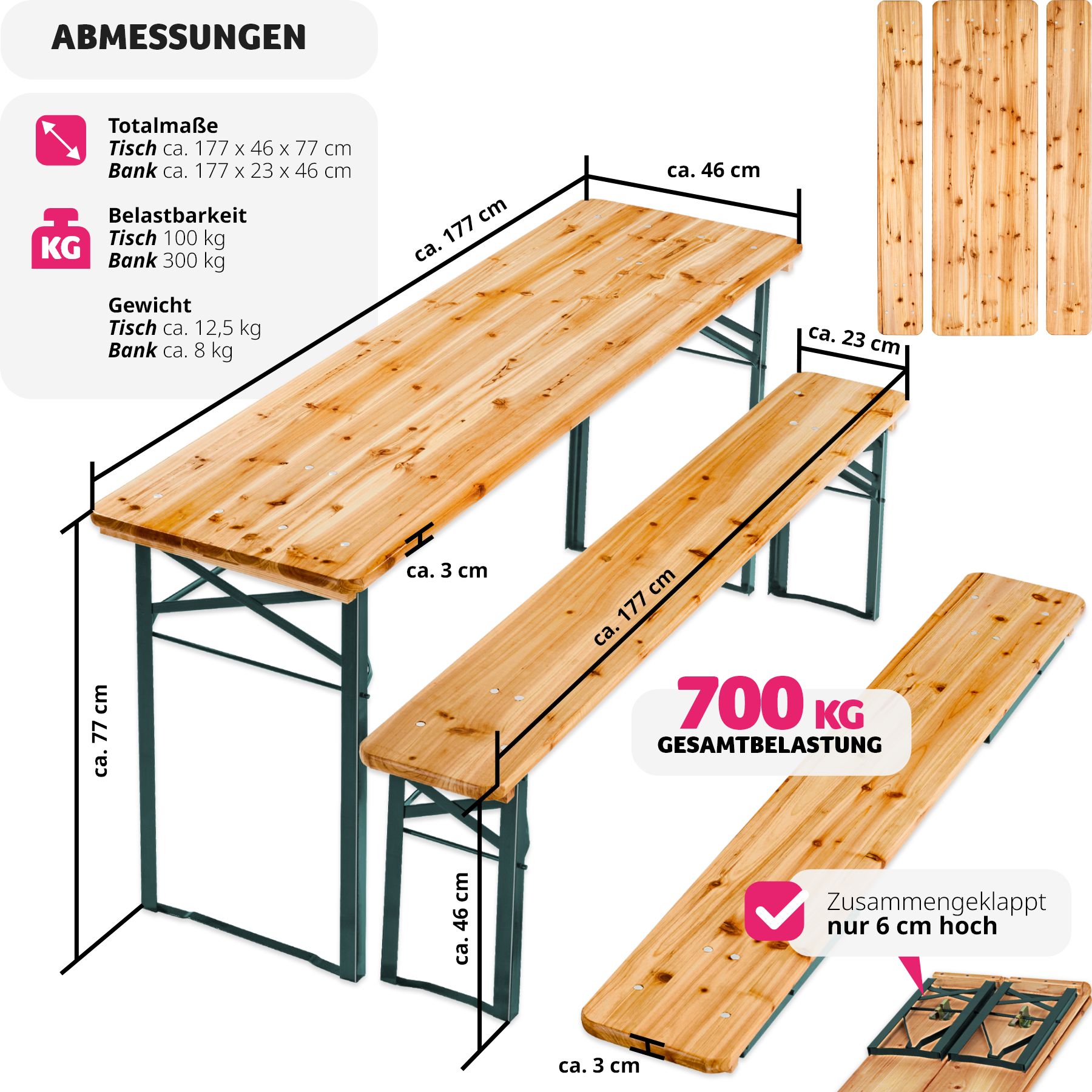 tectake® Bierzeltgarnitur, 3-teilig, belastbar, Holzlackierung mit Klarlack
