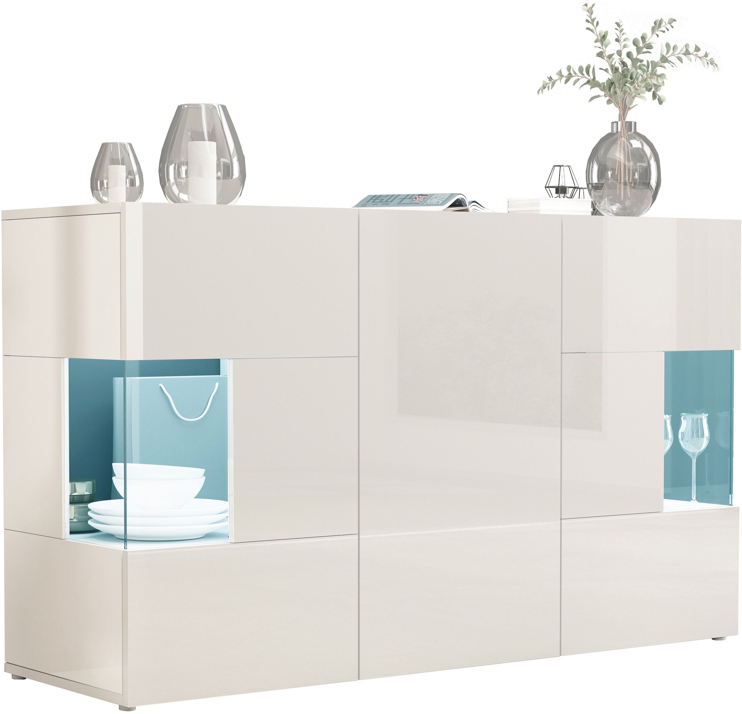 INOSIGN Sideboard »Egypt, Kommode, Schrank, Kredenz, Vitrine grifflos« 3 Türen davon 2 mit Glaseinsatz, kompl. Hochglanz lackiert Breite 135